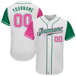 Custom Name and Number Authentic Two Tone Baseball Jersey in White Pink and Kelly Green - Personalized Sports Apparel Personalized