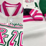 Custom Team Name and Number Varsity Letterman Jacket - Personalized Two Tone White Pink and Kelly Green Bomber Personalized