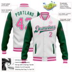 Custom Team Name and Number Varsity Letterman Jacket - Personalized Two Tone White Pink and Kelly Green Bomber Personalized