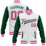 Custom Team Name and Number Varsity Letterman Jacket - Personalized Two Tone White Pink and Kelly Green Bomber Personalized