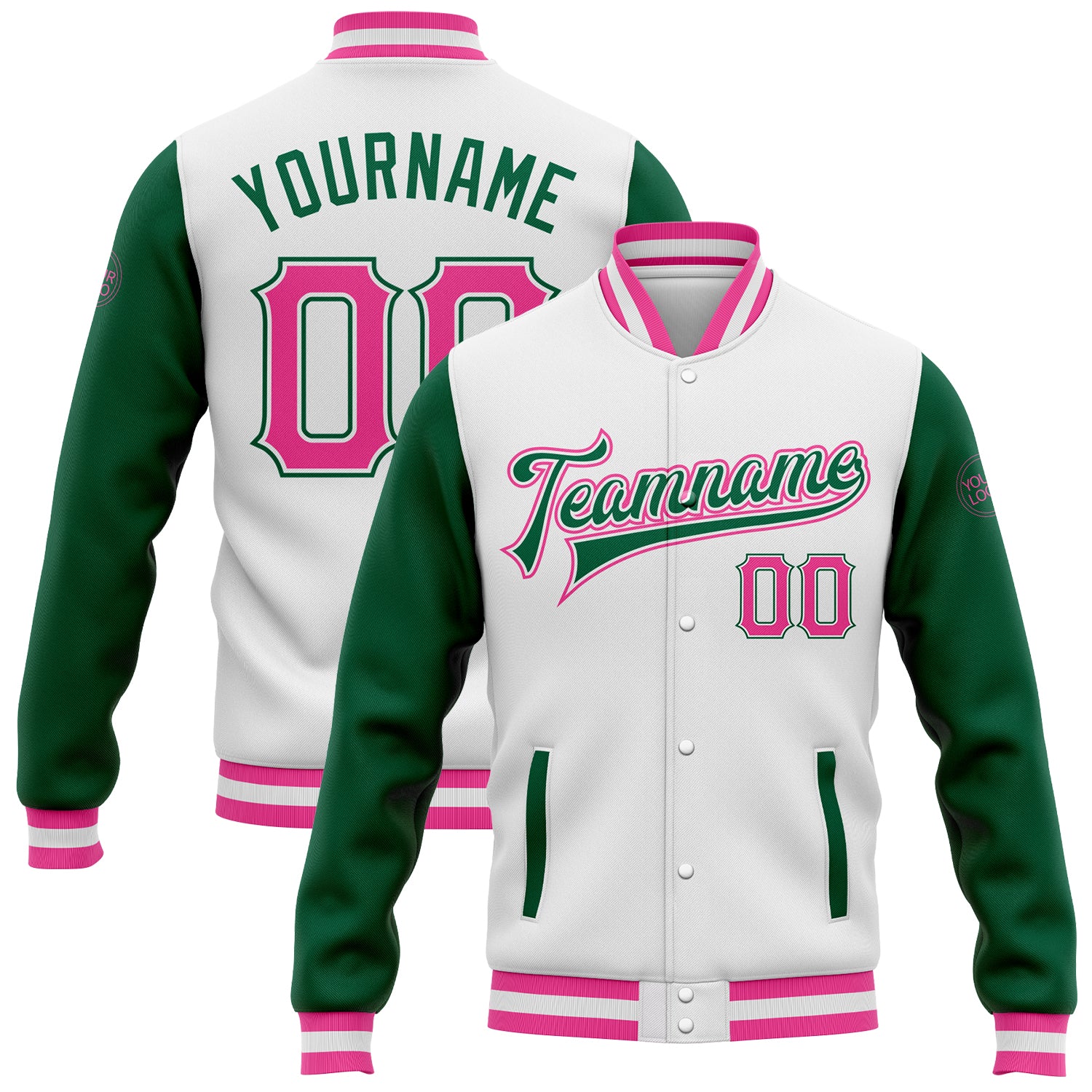 Custom Team Name and Number Varsity Letterman Jacket - Personalized Two Tone White Pink and Kelly Green Bomber Personalized
