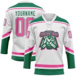 Custom Name and Number Hockey Jersey in White Pink and Kelly Green Lace Neck - Personalized Team Gear Personalized White