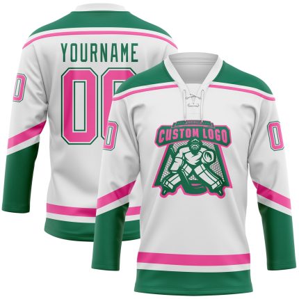 Custom Name and Number Hockey Jersey in White Pink and Kelly Green Lace Neck - Personalized Team Gear Personalized White