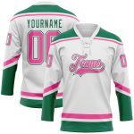 Custom Name and Number Hockey Jersey in White Pink and Kelly Green Lace Neck - Personalized Team Gear Personalized White
