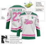 Custom Name and Number Hockey Jersey in White Pink and Kelly Green Lace Neck - Personalized Team Gear Personalized White