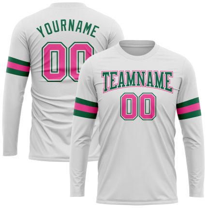Custom Name and Number Long Sleeve Performance T-Shirt - White Pink Kelly Green Team Apparel Personalized White Pink-Kelly