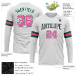 Custom Name and Number Long Sleeve Performance T-Shirt - White Pink Kelly Green Team Apparel Personalized White Pink-Kelly