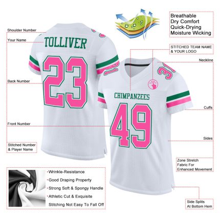 Custom Personalized Football Jersey with Name and Number in White Pink-Kelly Green Mesh Personalized White Pink-Kelly Green