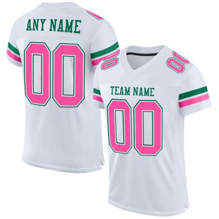 Custom Personalized Football Jersey with Name and Number in White Pink-Kelly Green Mesh Personalized White Pink-Kelly Green