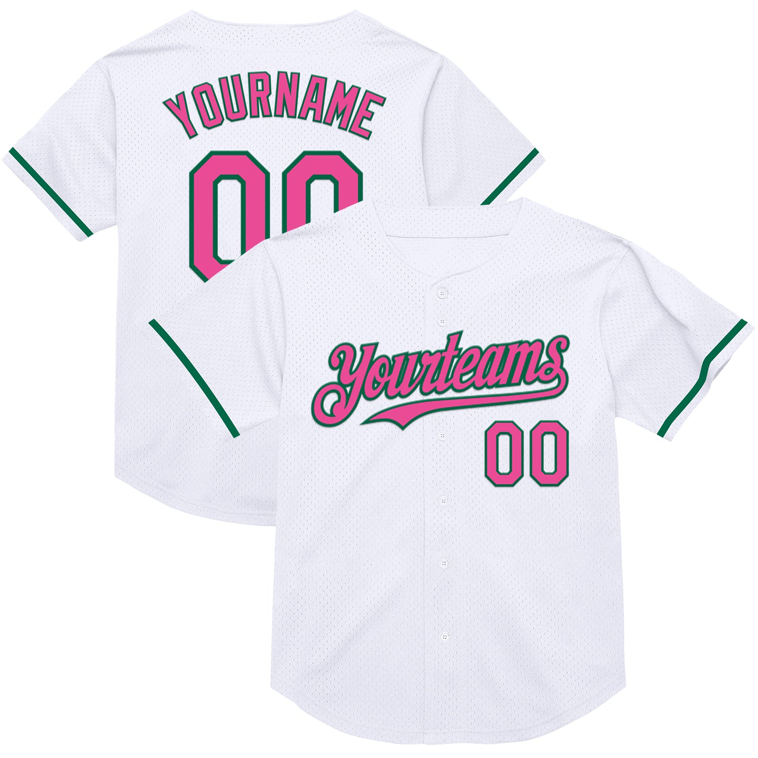 Custom Name and Number Personalized Throwback Baseball Jersey in White Pink and Kelly Green Mesh Personalized White Pink-Kelly