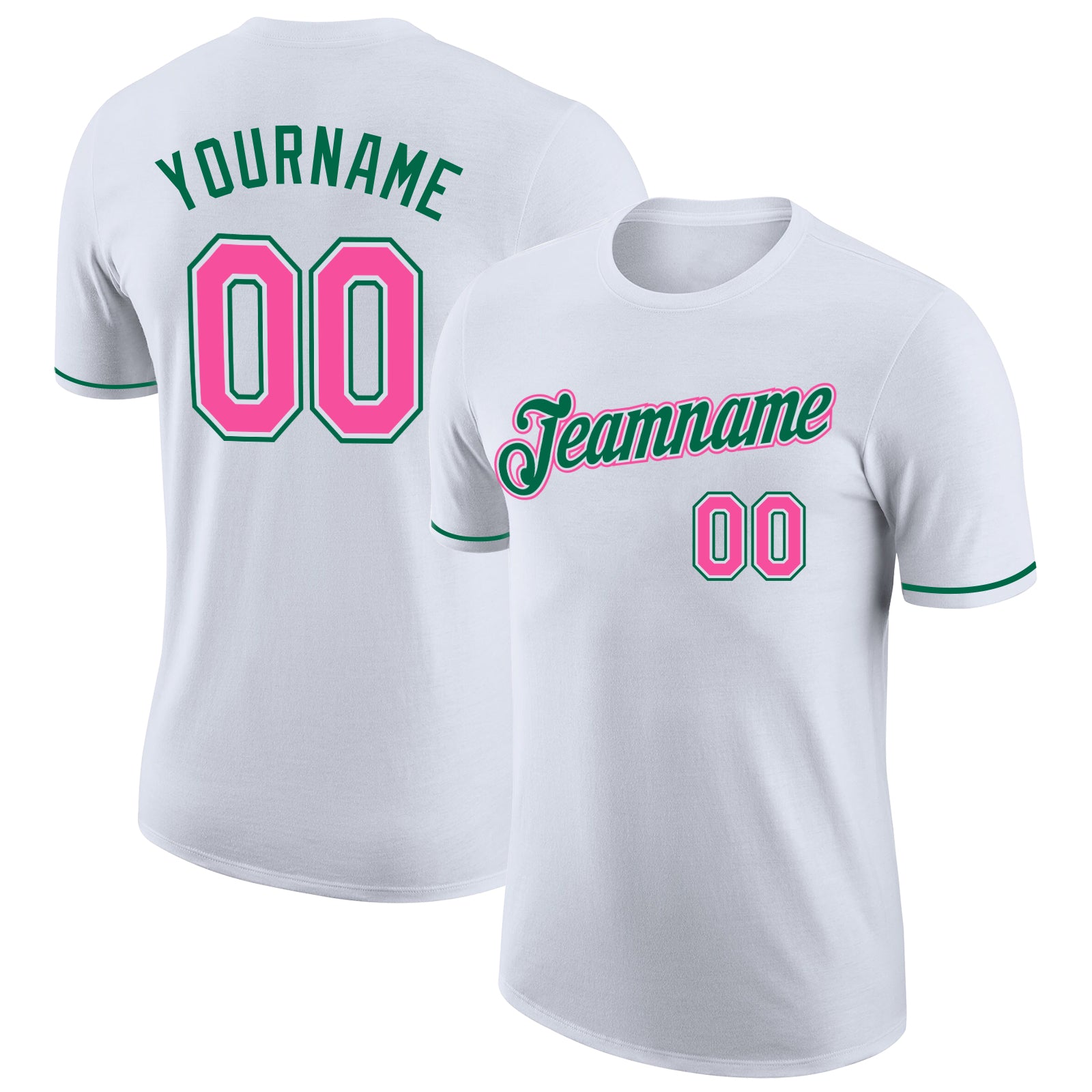 Custom Performance T-Shirt with Name and Number - Personalized White Pink Kelly Green Team Tee Personalized White Pink-Kelly