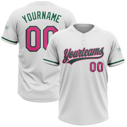 Personalized Softball Jersey - White Pink Kelly Green Unisex Two-Button Personalized White Pink-Kelly Green Two-Button Unisex