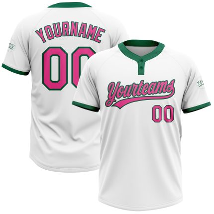 Custom Name and Number Softball Jersey - Personalized White Pink Kelly Green Unisex Two-Button Design Personalized White