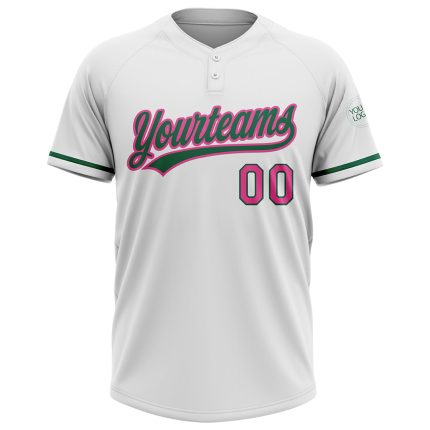 Personalized Softball Jersey - White Pink Kelly Green Unisex Two-Button Personalized White Pink-Kelly Green Two-Button Unisex