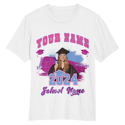 Custom 3D Graduation T-Shirt Personalized with Name and Number - White Pink Light Blue Team Design Personalized White Pink-Light