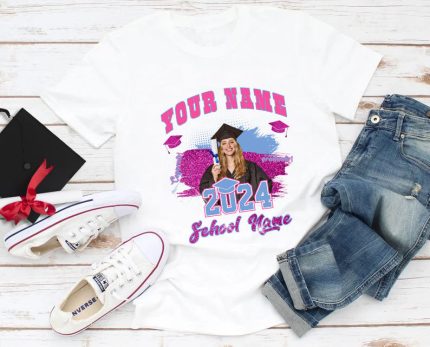 Custom 3D Graduation T-Shirt Personalized with Name and Number - White Pink Light Blue Team Design Personalized White Pink-Light