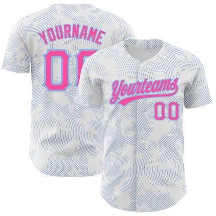 Custom Name and Number Baseball Jersey - Personalized 3D Pattern Design in White, Pink, and Light Blue Personalized White