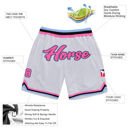 Custom Name Number Authentic Throwback Basketball Shorts White Pink Light Blue Personalized Team Apparel Personalized White