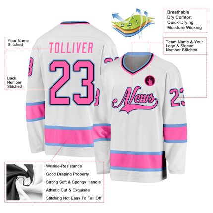 Custom Name and Number Hockey Jersey - Personalized White Pink Light Blue Team Jersey Personalized White Pink-Light Blue
