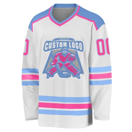 Personalized White Pink Light Blue Hockey Jersey for Custom Team Apparel Personalized White Pink-Light Blue Hockey Jersey