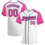 Custom Name and Number Personalized Baseball Jersey in White Pink Navy Raglan Sleeves Personalized White Pink-Navy Authentic