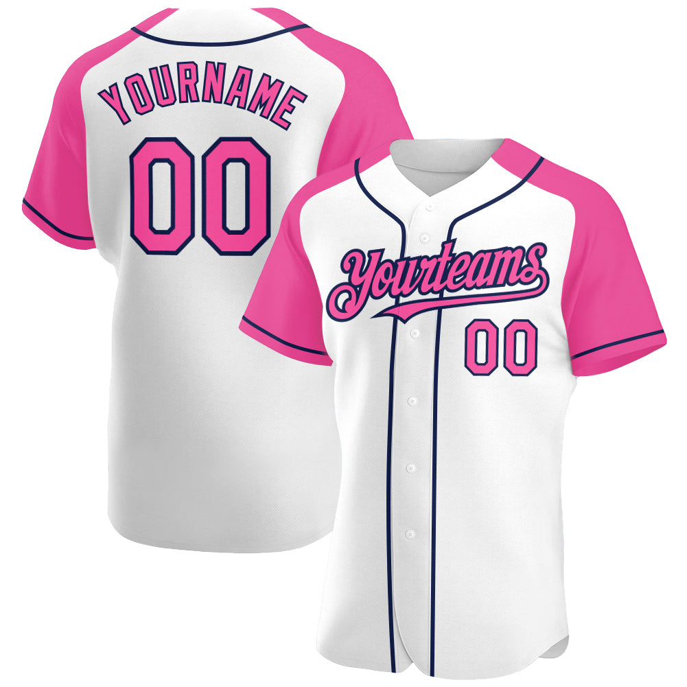 Custom Name and Number Personalized Baseball Jersey in White Pink Navy Raglan Sleeves Personalized White Pink-Navy Authentic