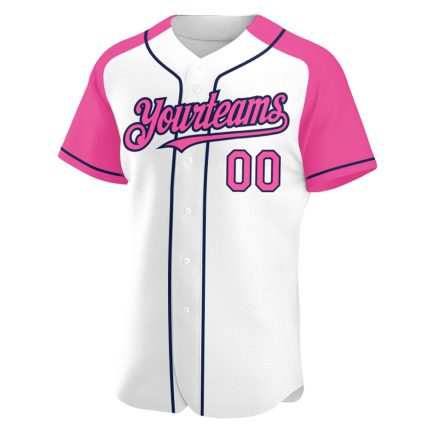 Custom Name and Number Personalized Baseball Jersey in White Pink Navy Raglan Sleeves Personalized White Pink-Navy Authentic