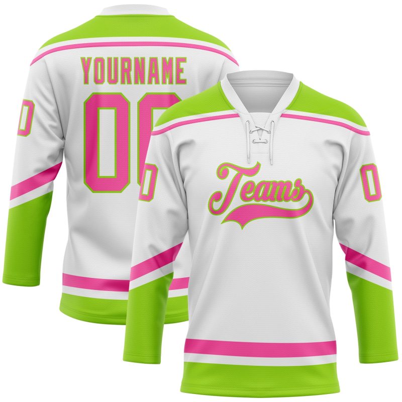 Custom Name and Number Hockey Jersey - Personalized White Pink-Neon Green Lace Neck Team Apparel Personalized White Pink-Neon