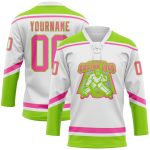Custom Name and Number Hockey Jersey - Personalized White Pink-Neon Green Lace Neck Team Apparel Personalized White Pink-Neon