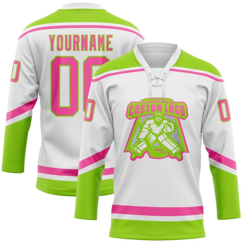 Custom Name and Number Hockey Jersey - Personalized White Pink-Neon Green Lace Neck Team Apparel Personalized White Pink-Neon