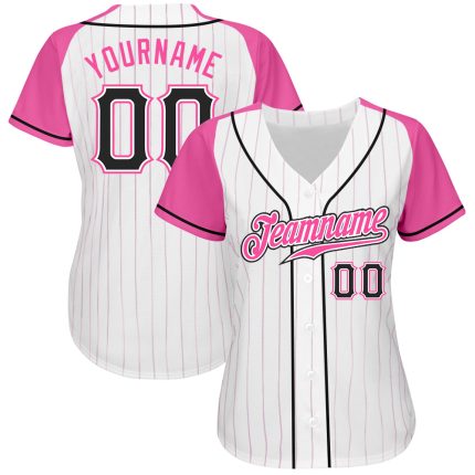 Custom Name and Number Personalized Pink Pinstripe Baseball Jersey with Raglan Sleeves - Black and Pink Team Apparel Personalized