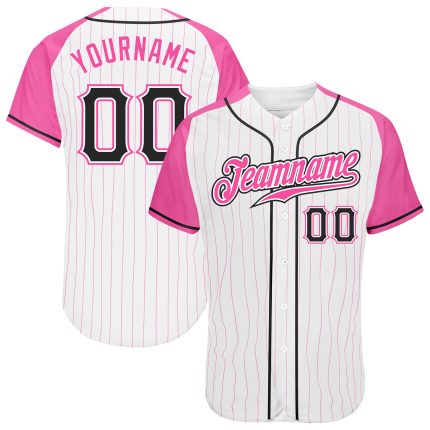 Custom Name and Number Personalized Pink Pinstripe Baseball Jersey with Raglan Sleeves - Black and Pink Team Apparel Personalized
