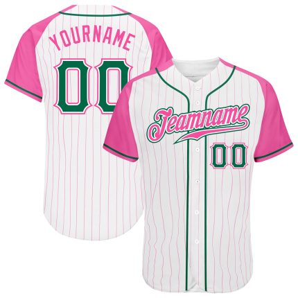 Customizable Kelly Green Pink Baseball Jersey with Personalized Name & Number - White Pink Pinstripe Raglan Sleeves Personalized