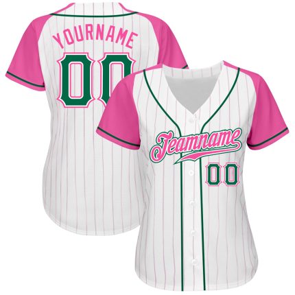 Customizable Kelly Green Pink Baseball Jersey with Personalized Name & Number - White Pink Pinstripe Raglan Sleeves Personalized