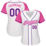 Custom Name Number Baseball Jersey - Personalized White Pink Pinstripe Purple-Pink Authentic Raglan Sleeves Personalized