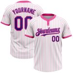 Custom Name and Number Two-Button Unisex Softball Jersey - Personalized White Pink Pinstripe Design Personalized White Pink