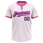 Custom Name and Number Two-Button Unisex Softball Jersey - Personalized White Pink Pinstripe Design Personalized White Pink