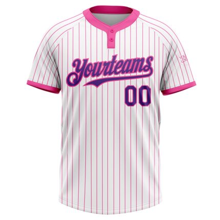 Custom Name and Number Two-Button Unisex Softball Jersey - Personalized White Pink Pinstripe Design Personalized White Pink