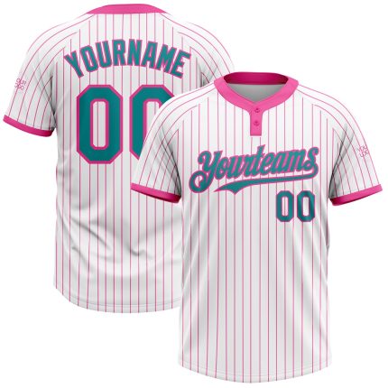 Custom Name & Number Teal White Pink Pinstripe Unisex Two-Button Softball Jersey Personalized White Pink Pinstripe Teal Two-Button
