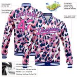 Custom Name and Number Varsity Jacket - Personalized 3D Pink and Royal Leopard Print Bomber Style Full-Snap Letterman Jacket