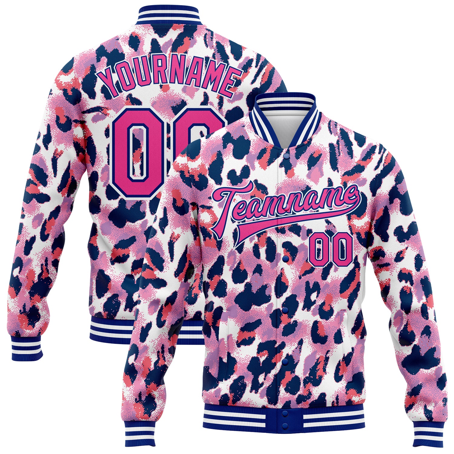 Custom Name and Number Varsity Jacket - Personalized 3D Pink and Royal Leopard Print Bomber Style Full-Snap Letterman Jacket