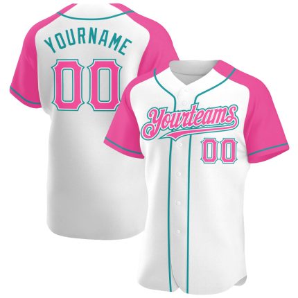 Custom Name Number Personalized Baseball Jersey Raglan Sleeves White Pink Teal Personalized White Pink-Teal Authentic Raglan