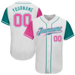 Custom Name and Number Personalized Two Tone Baseball Jersey in White Pink Teal - Authentic Team Apparel Personalized White