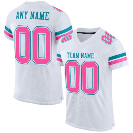 Customizable Authentic Football Jersey - Personalized White Pink Teal Mesh, Custom Name & Number Personalized White Pink-Teal