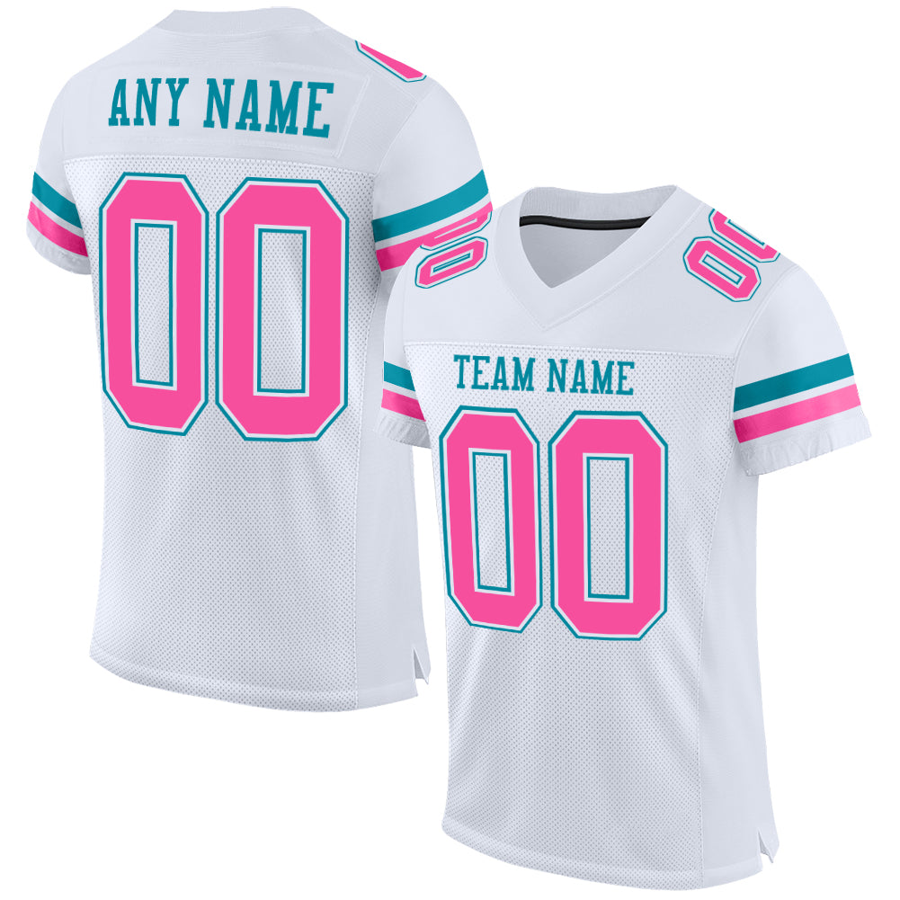 Customizable Authentic Football Jersey - Personalized White Pink Teal Mesh, Custom Name & Number Personalized White Pink-Teal