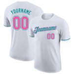 Custom Name Number Performance T-Shirt for Team in White Pink Teal - Personalized Activewear Personalized White Pink-Teal