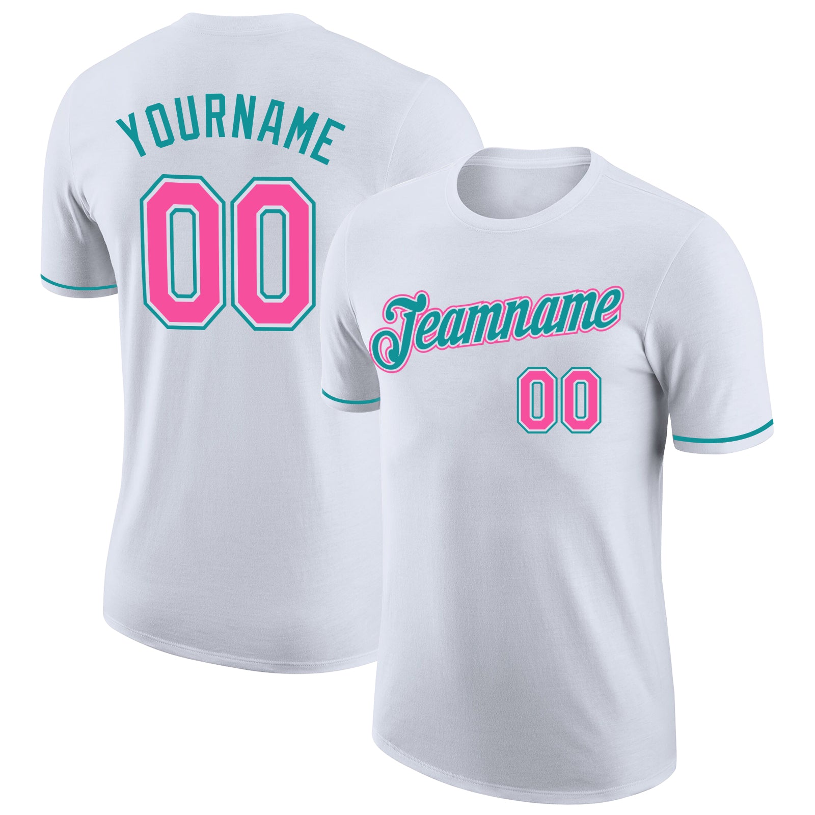 Custom Name Number Performance T-Shirt for Team in White Pink Teal - Personalized Activewear Personalized White Pink-Teal