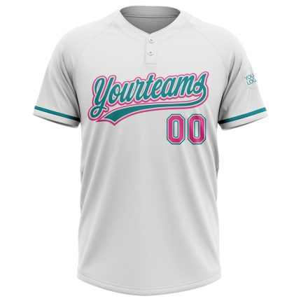 Custom Unisex Softball Jersey with Personalized Name & Number, White Pink Teal Two-Button Design Personalized White Pink-Teal