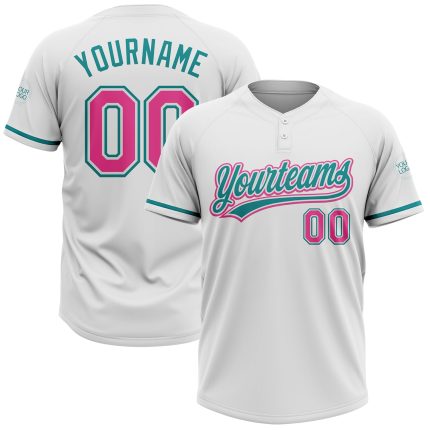 Custom Unisex Softball Jersey with Personalized Name & Number, White Pink Teal Two-Button Design Personalized White Pink-Teal