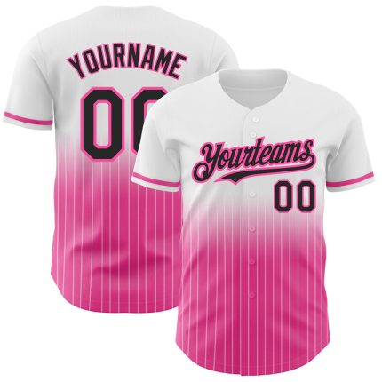 Custom Name and Number Baseball Jersey - Personalized Black and Pink Pinstripe Authentic Fade Design Personalized White Pinstripe